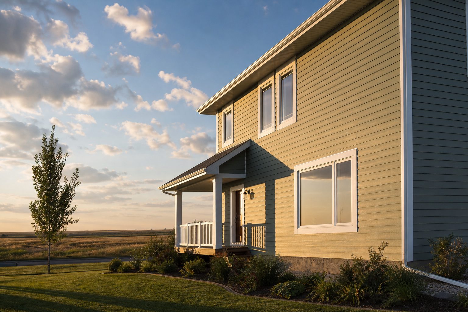 Newly sided two-storey home in Saskatoon with crisp horizontal vinyl siding